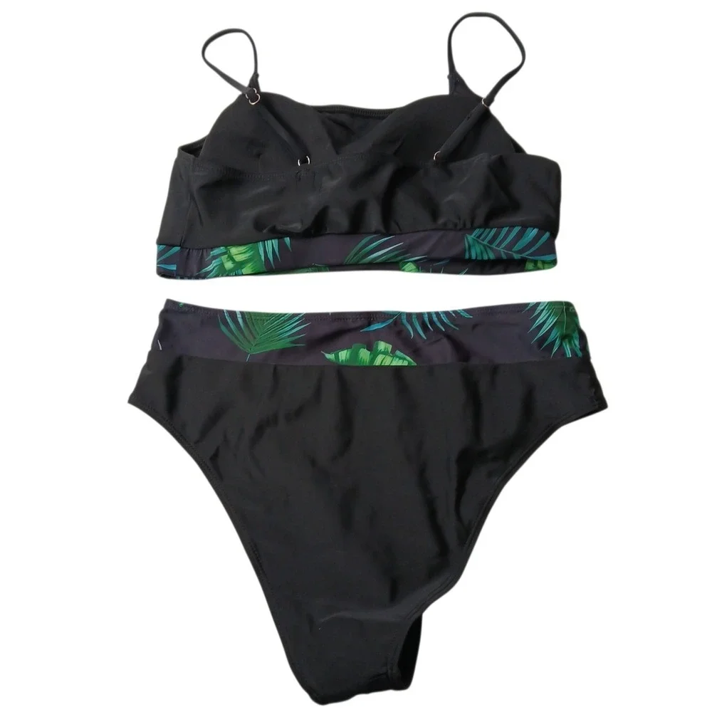 3-Piece High Waisted Bikini Set with Tropical Palm Leaf Kimono Cover Up Large